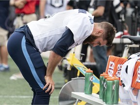 Toronto Argonauts quarterback McLeod Bethel-Thompson is shown on the sideline Sept. 2, during the final minute of a 38-27 loss to the host Hamilton Tiger-Cats. The loss dropped the Argos' record to 1-9.