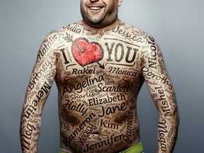 A man makes a declaration of love to all the women he knows by tattooing their names on his body.