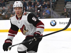Taylor Hall skates in his first game for the Arizona Coyotes against the San Jose Sharks during NHL action at SAP Center on Dec. 17, 2019 in San Jose, Calif