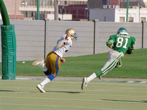 Saskatchewan Roughriders slotback Ray Elgaard, 81, gets behind Winnipeg Blue Bombers safety Scott Flagel to catch a game-winning, 56-yard touchdown pass from Joe Paopao in the 1986 Labour Day Classic at Taylor Field.