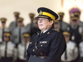 Brenda Lucki speaks during a press event at RCMP "Depot" Division in Regina on March 9, 2018. A Saskatchewan senator says RCMP Commissioner Brenda Lucki should resign or be removed to ensure the national police force can properly serve Indigenous communities. Sen. Lillian Dyck says Lucki has shown recently she does not fully understand systemic racism or have the knowledge and skills be the country's top policewoman. Dyck, a member of the Progressive Senate Group, says the commissioner's departure would benefit all Canadians, including RCMP members.