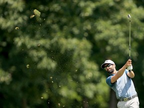 Adam Hadwin of Canada plays a shot during the first round of the Workday Charity Open on July 09, 2020 at Muirfield Village Golf Club in Dublin, Ohio.