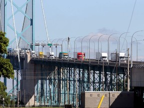 Mostly truck traffic heading south into Canada on the Ambassador Bridge, the international border crossing over the Detroit River into Windsor, Ontario, Canada.