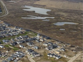 This aerial photo from October of 2018 shows the Northeast Swale on the edge of the Aspen Ridge neighbourhood in Saskatoon.