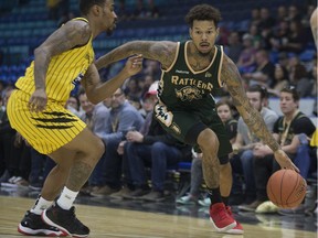 Saskatchewan Rattlers guard Negus Webster Chan dribbles the ball during Canadian Elite Basketball League action at SaskTel Centre in Saskatoon on Thursday, May 16, 2019. Webster-Chan is one of two returnees back from the Rattlers' 2019 CEBL championship squad.