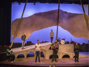 Actors Kris Alvarez, left to right, Nathan Howe, Colin Wolf, Krystle Pederson, Lancelot Knight, and Tara Sky during a rehearsal of the Persephone Theatre's production of Reasonable Doubt on the main stage in Saskatoon, SK on Thursday, January 23, 2020.