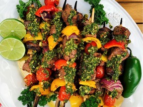 Chimichurri sauce is the perfect accompaniment to these steak skewers.