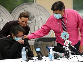 Sherri Penner (left) speaks alongside FSIN Chief Bobby Cameron about the incident captured on video July 4 of her son Evan Penner being punched and tasered during his arrest by Saskatoon police officers during a media conference outside the FSIN office. Photo taken in Saskatoon, SK on Thursday, July 9, 2020.