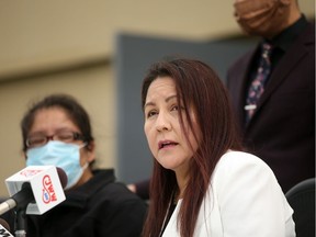 Evan Penner's lawyer Eleanore Sunchild speaks about the incident captured on video July 4 during a media conference outside the FSIN office. Photo taken in Saskatoon, SK on Thursday, July 9, 2020.
