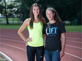 Chloe McEachern, left, and her mother Jana stand together on the track at the Canada Games Athletics Complex. Chloe was to leave Regina on Monday to begin her studies at the University of Tulsa, at which she will compete in cross-country.
