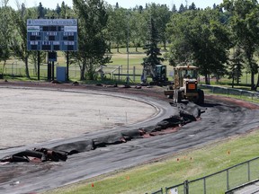 PCL construction is at work at Griffiths Stadium removing the track, replacing turf and upgrading lights.