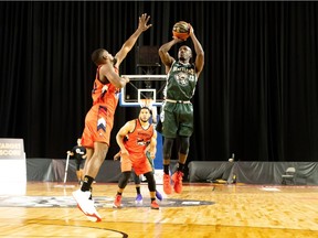 The Saskatchewan Rattlers' Robinson Opong gets a shot off during Tuesday's CEBL loss to Fraser Valley. (Canadian Elite Basketball League photo)