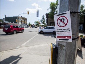 Traffic lights across the city have been automated to reduce physical contact with crosswalk buttons due to COVID-19 concerns. Photo taken in Saskatoon, SK on Friday, July 31, 2020.