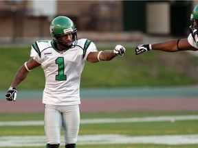 Jason Armstead, shown celebrating a punt-return touchdown in 2007, was the most notable omission from Rob Vanstone's list of the 10 fastest Saskatchewan Roughriders players of all time.