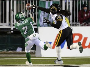 Weston Dressler, shown making a touchdown catch in the 2013 Grey Cup game, is on Rob Vanstone's all-time Roughriders team.