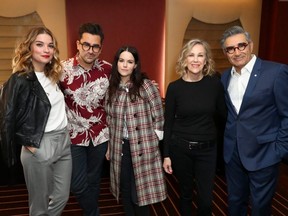 From left to right, Annie Murphy, Dan Levy, Emily Hampshire, Catherine O'Hara and Eugene Levy attend the 'Schitt's Creek' panel, part of Vulture Festival LA presented by AT&T at Hollywood Roosevelt Hotel, in Hollywood, Calif., Nov. 19, 2017.