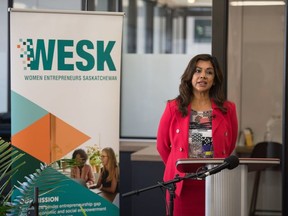 Prabha Mitchell, CEO of Women Entrepreneurs of Saskatchewan, speaks regarding the Saskatchewan Advisory Committee on the Gender Entrepreneurship Gap's final report of recommendations, at a news conference held at the Path Co-Work space on Broad Street in Regina, Saskatchewan on July 28, 2020.