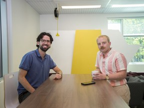 Co.Labs, a technology incubator that has developed 100 local tech start ups, Eecutive director Jordan Dutchak, right, and program director Alex Shimla in Saskatoon, SK on Saturday, August 22, 2020. Dutch and Shimla were the co-founders behind the independent not-for-profit, but they are leaving the company they build from the ground up in order to pursue new opportunities. The co-founders announced their resignations on social media and have plans to start a new tech company.