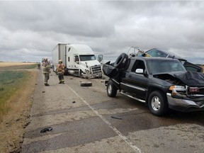 A collision between a semi-truck and four vehicles in a construction zone near Wakaw on Aug. 25, 2020. Submitted by Jeff Helperl.