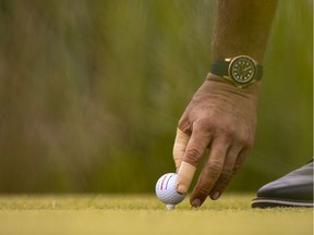 Detail view as Phil Mickelson of the United States places his ball on the tee at the seventh tee box during the final round of the Charles Schwab Series at Ozarks National on August 26, 2020 in Branson, Missouri.