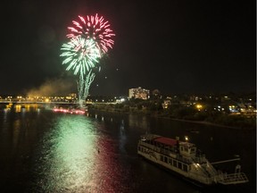 Spectators gathered at River Landing and on the Prairie Lily riverboat to watch the fireworks during the Nutrien Fireworks Festival, Sept. 1, 2018.