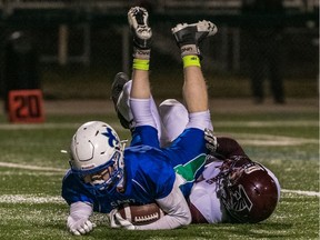 Bishop James Mahoney Saints play against the Marion Graham Falcons in the city 5A high school football final at SMF Field on Friday, October 25th, 2019 in Saskatoon.