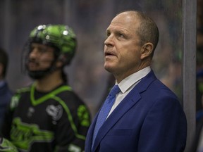 Saskatchewan Rush head coach Derek Keenan, shown here against the Toronto Rock in NLL action at SaskTel Centre in Saskatoon on Saturday, February 29, 2020.