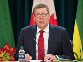 Saskatchewan Premier Scott Moe speaks to members of the media regarding an upswing in cases of COVID-19 in the province during a press conference held at the Saskatchewan Legislative Building in Regina, Saskatchewan on July 22, 2020.