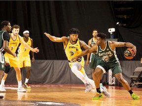 The Saskatchewan Rattlers' Kemy Osse looks for an opening during Saturday's Canadian Elite Basketball League loss to Edmonton. (Photo courtesy Canadian Elite Basketball League)