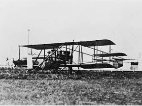 Glenn L. Martin shows off his biplane at the Exhibition Grounds while visiting Saskatoon in 1912. The visitor to the right is said to be Harold Hartney, a local man who later become a First World War flying ace. (PH-88-31 courtesy of Saskatoon Public Library)