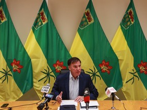 Gord Wyant answers media questions about the concerns that parents and teachers have over the government's return to school plan at the cabinet office in Saskatoon on Aug. 7, 2020.