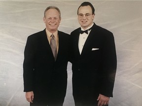 Steve Ouderkirk, left, and Dale Hawerchuk in 2001, prior to Hawerchuk being inducted into the Hockey Hall of Fame.