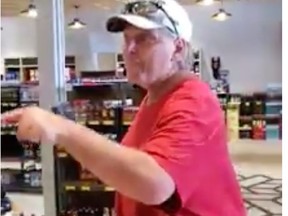 A man who went on a racist, anti-immigrant rant caught on video entered Olympia Liquor Edmonton on 137 Avenue yelling about wearing a mask on Sunday, Aug. 2. 2020.