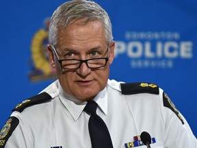 Supt. Brad Doucette of the Edmonton Police Service criminal investigations division speaks to media on Friday, Aug. 7, 2020, regarding the recent increase in violent crime in Edmonton.