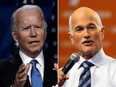 Democratic presidential nominee Joe Biden during his nomination speech on Thursday, and former NDP leader Jack Layton in October 2010.