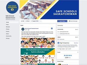 Safe Schools Sask. is a Facebook page with the purpose of "shar(ing) research and articles from around the world on the reopening of schools during the global pandemic. Safety for Saskatchewan students and school staff is the highest priority." Screenshot recorded Aug. 12, 2020, for the Regina Leader-Post.