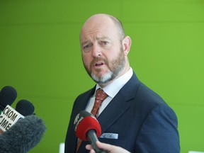 NexGen Energy president Leigh Curyer speaks with members of the media in the NexGen Saskatoon office on May 28, 2019. (Matt Olson / Saskatoon StarPhoenix)