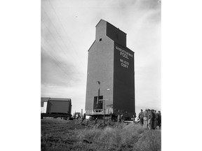 A photo of the Saskatchewan Wheat Pool Cory Elevator being moved to Saskatoon, from Oct. 1, 1964.