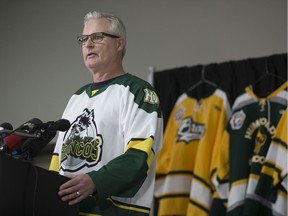Humboldt Mayor Rob Muench speaks at a news conference at Elgar Petersen Arena in Humboldt on Saturday, April 7, 2018.