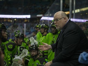 Jeff McComb speaks to players during a 2018 game at SaskTel Centre.