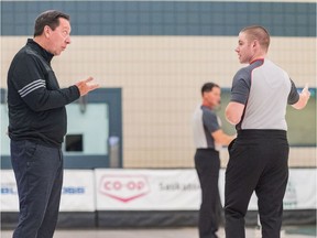 U of S Huskies men's basketball coach Barry Rawlyk disputes during the Ron and Jane Graham Shootout basketball tournament at the PAC on October 19, 2019 in Saskatoon.