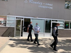 Dakota Gary Russel Degoesbriand, one of three men scheduled to go to trial on meth trafficking charges in Saskatoon, leaves the Le Relais Community Hall on Sept. 1, 2020 after his two co-accused, Kenneth Jesse Brecknell and Chad Charles Norris, pleaded guilty to possessing meth for the purpose of trafficking.