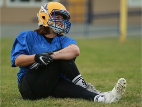 Saskatoon Valkyries Emmarae Dale tackles Lethbridge Steel plsyrt Myranda Edwards during the cross-conference semifinal game at SMF Field in Saskatoon on Sunday, June 23, 2019.