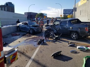 Saskatoon fire crews responded on Sept. 27, 2020 around 8:30 a.m. to a head-on collision on Idylwyld Drive near 20th Street East. An occupant of each vehicle was taken by ambulance to hospital with undetermined injuries. (Photo courtesy Saskatoon Fire Department)