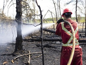 A 2020 file photo shows a firefighter working to douse a hotspot during a forest fire in Northern Saskatchewan.