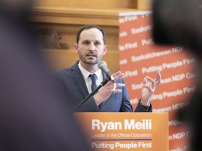 Ryan Meili, leader of the opposition NDP, speaks during an unusual Budget Day at the Legislative Building in Regina on Wednesday March 18, 2020. The Saskatchewan NDP is promising to send a drivers a $100 rebate if elected to form government this fall.