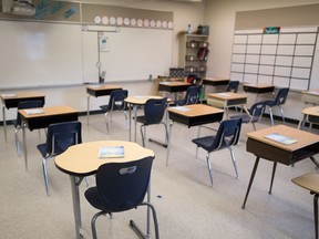 A classroom with socially-distanced desks.