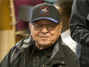 Fred Sasakamoose, the first treaty Indigenous NHL player, speaks with a class at the University of Saskatchewan during a presentation by I Love First Peoples in Saskatoon on March 3, 2017.