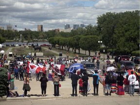 Several hundred people took part in the Missing and Murdered Indigenous Peoples rally out front of the Legislative Building in Regina in June 2020.