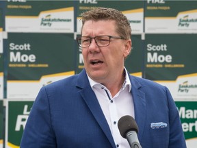 Saskatchewan Party leader and current premier Scott Moe speaks to media on the day of the provincial election call at the Saskatchewan Party Regina campaign office in Regina, Saskatchewan on Sept. 29, 2020.